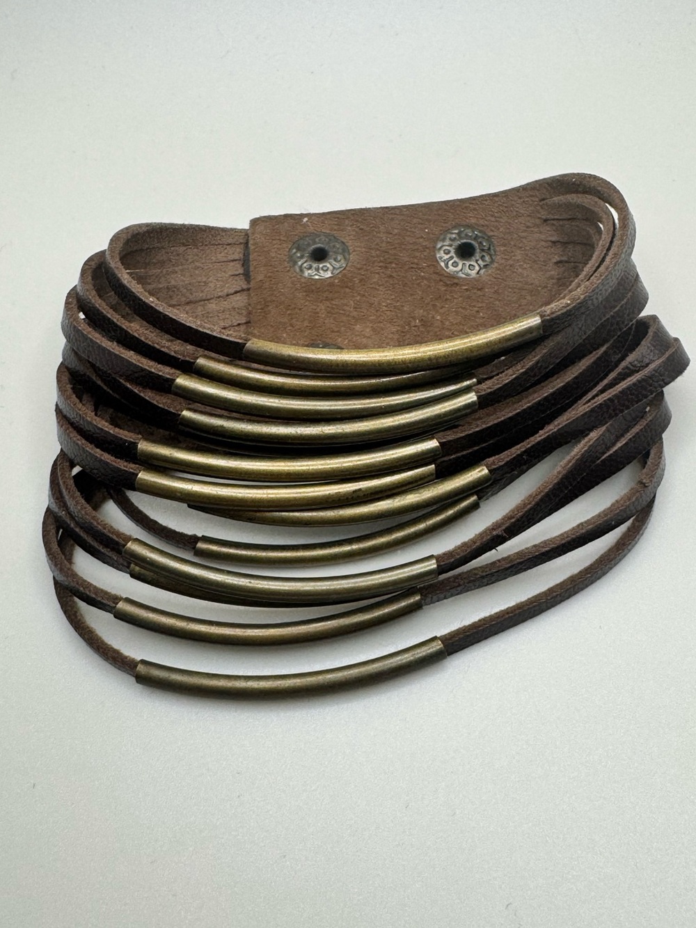 Brown Multi Strand Wrap Bracelet Boho Faux Leather Brass Tone